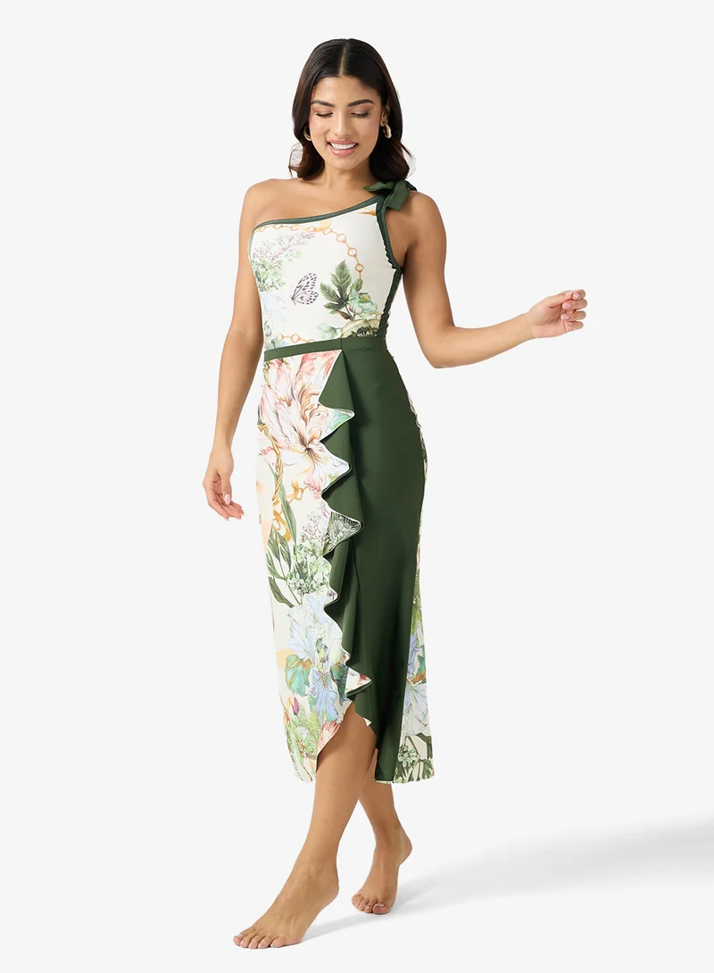 ELLA One Shoulder Printed Swimsuit & Skirt Set